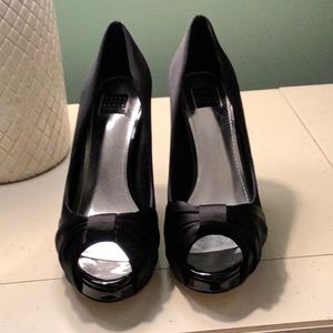 7.5 Platform Black Satin Pumps